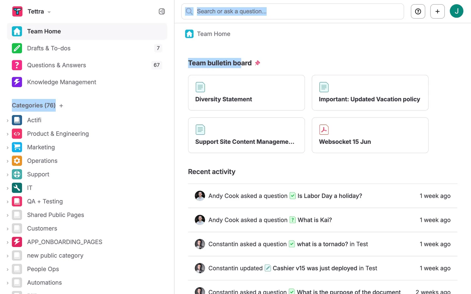 Tettra internal Q&A and company knowledge base