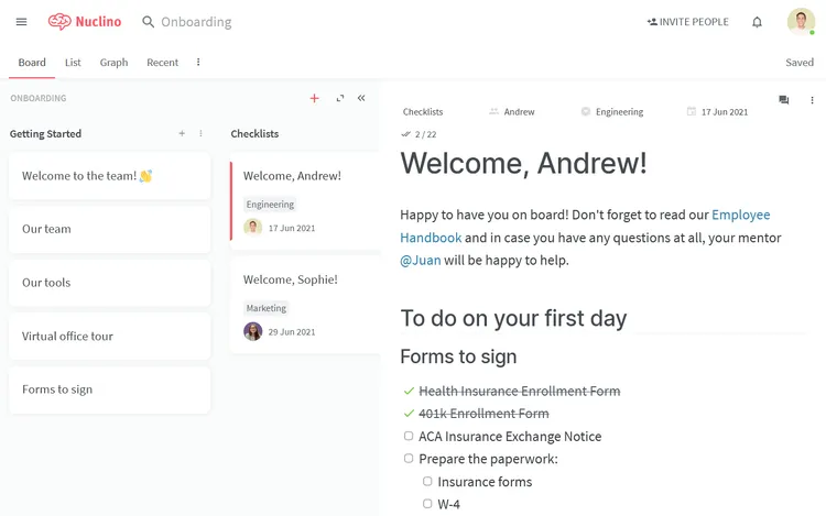 New employee onboarding checklist in Nuclino