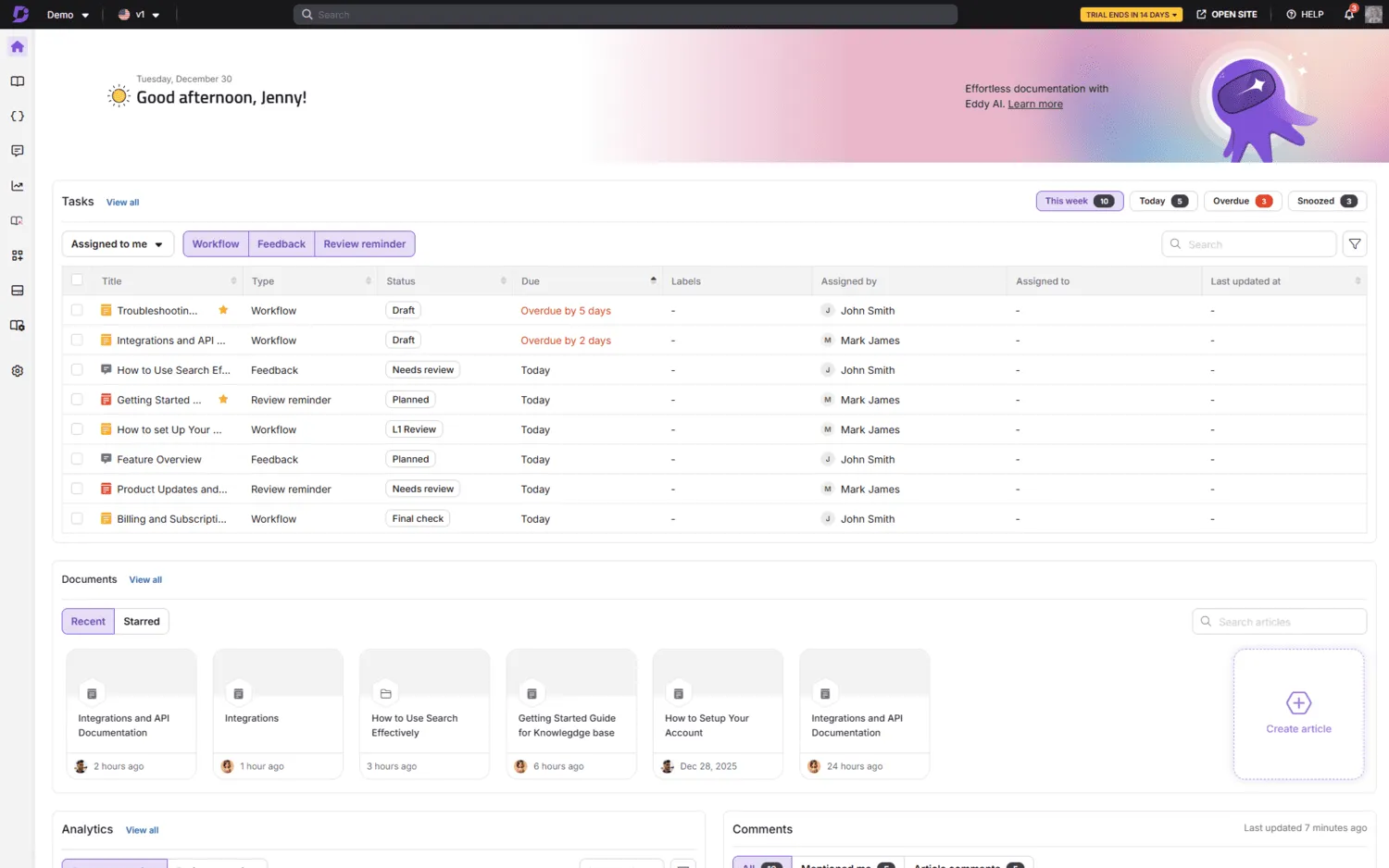 Private internal wiki dashboard in Document360