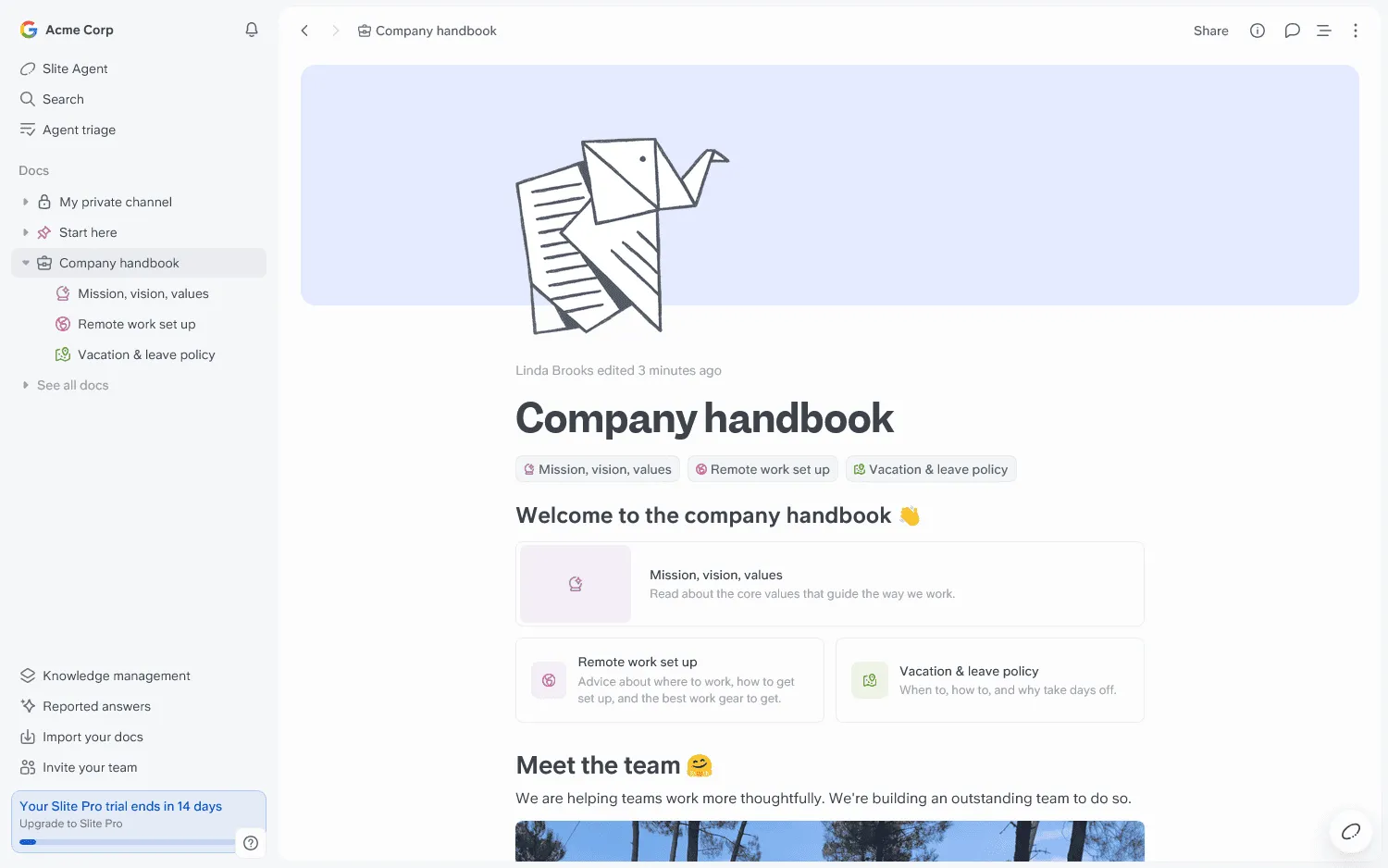 Internal wiki in Slite with company knowledge organized into pages