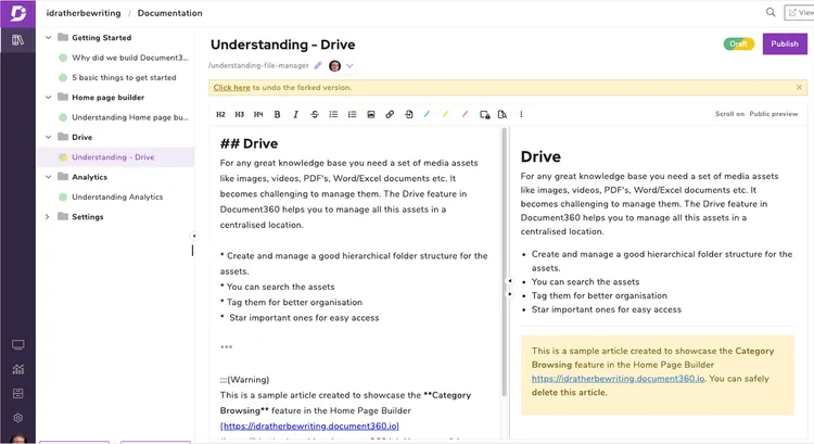 Knowledge base software Document360