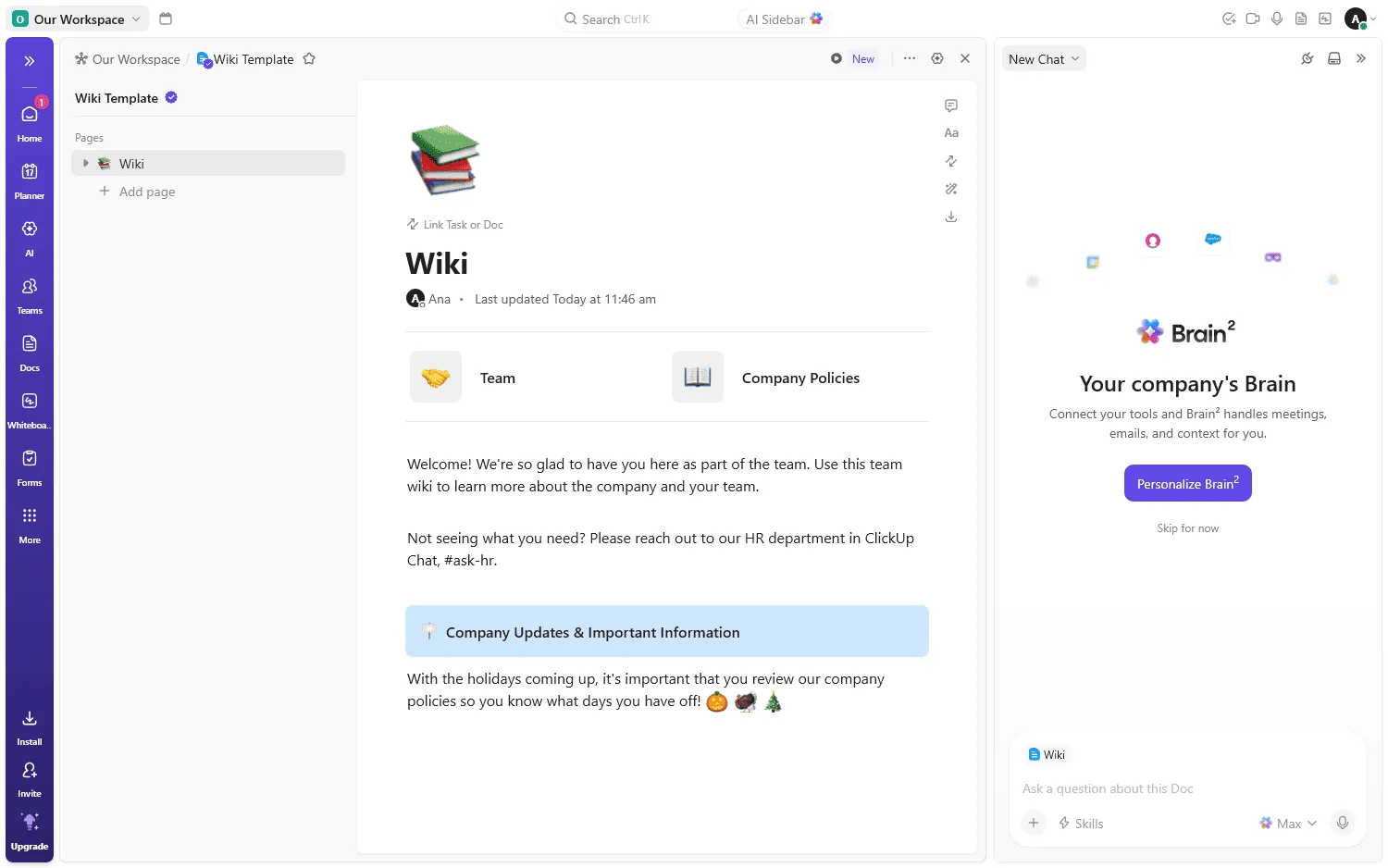 ClickUp wiki with an AI assistant