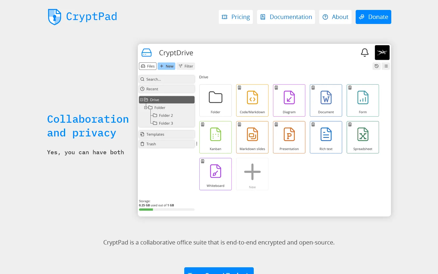 CryptPad workspace with collaborative documents and whiteboards