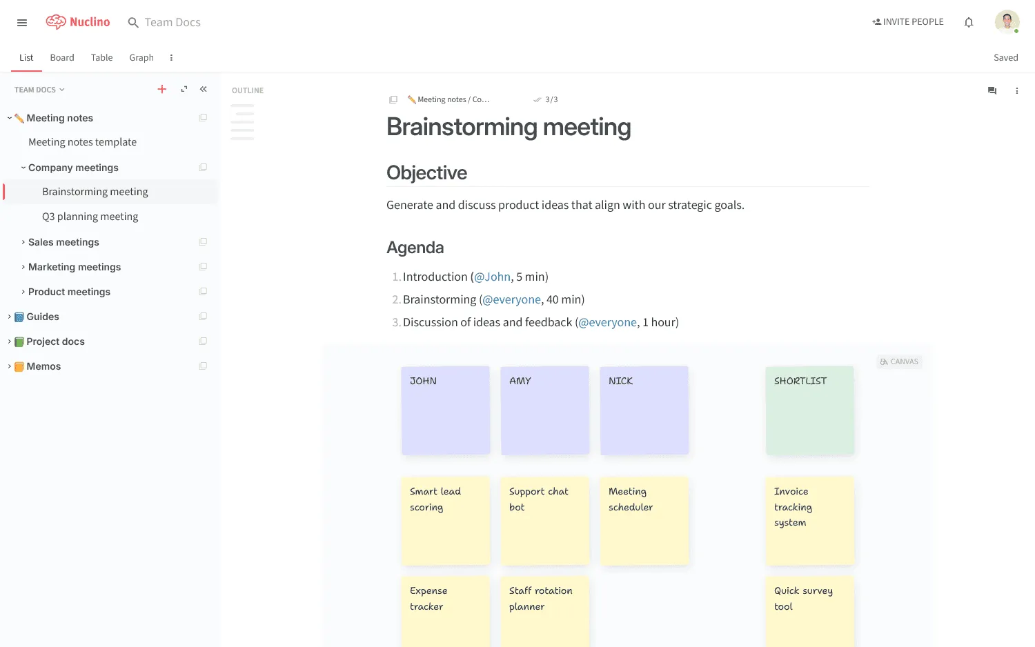 Nuclino workspace with documents and an embedded whiteboard