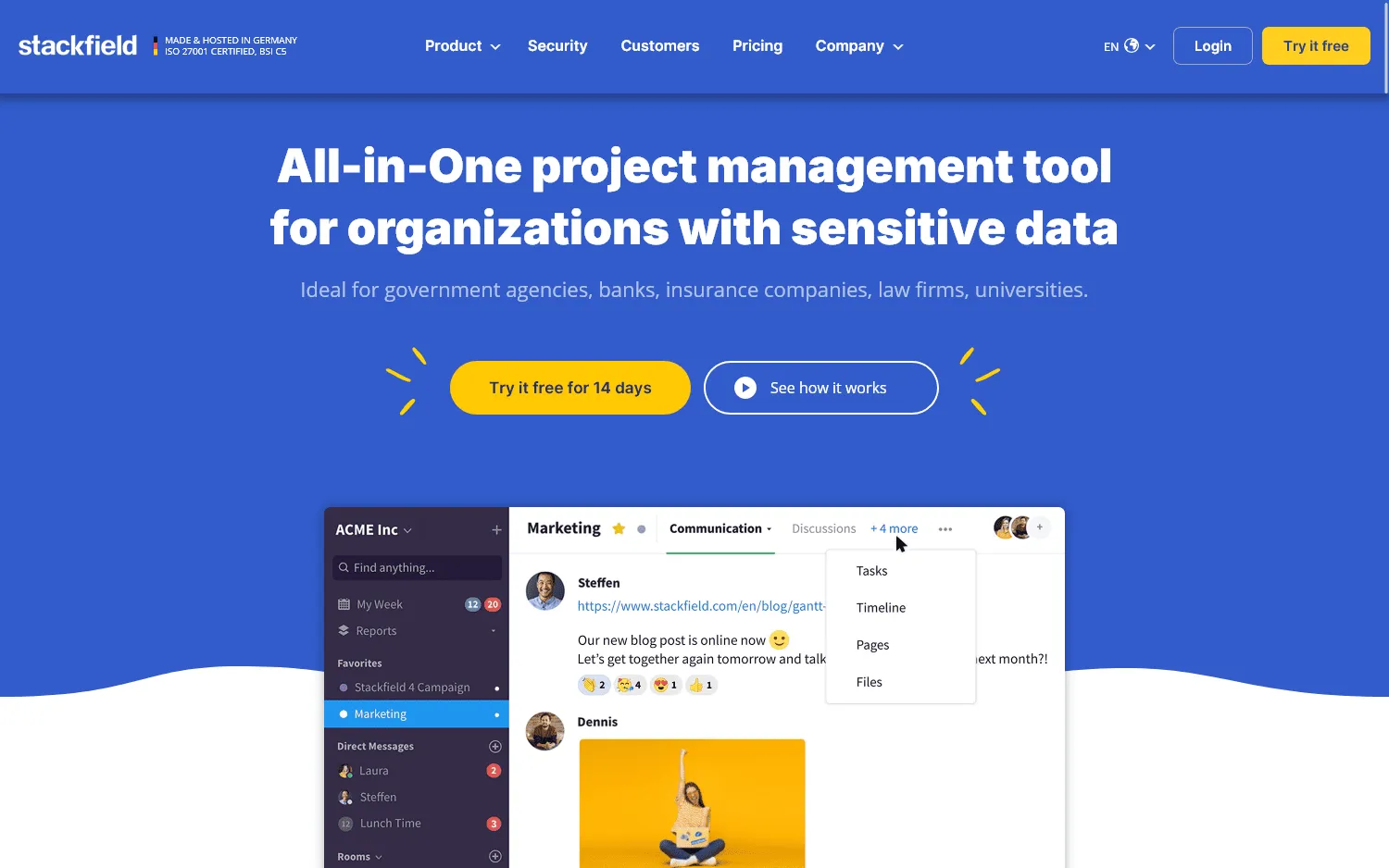 Stackfield workspace with chat, projects, and tasks
