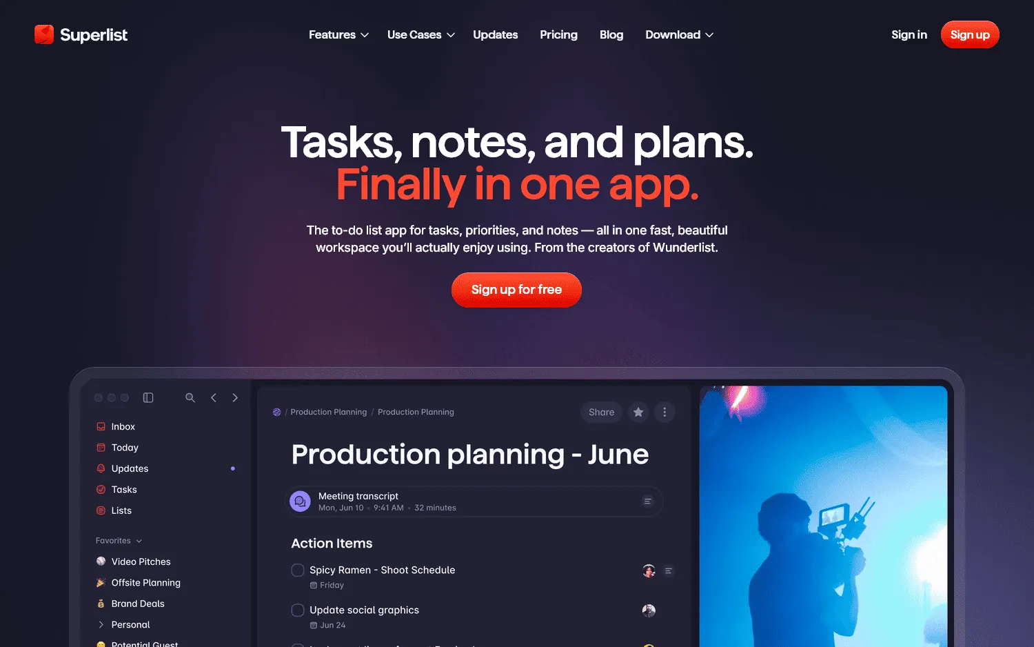 Superlist workspace with tasks and notes