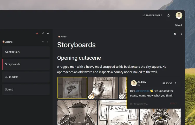Enterprise game development asset sotryboard