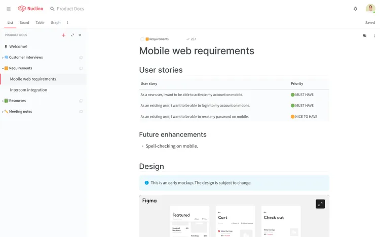 Functional requirements document in Nuclino