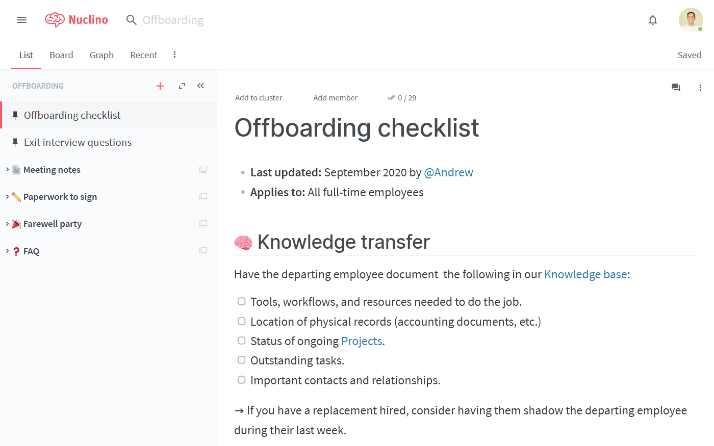 Employee offboarding checklist example in Nuclino