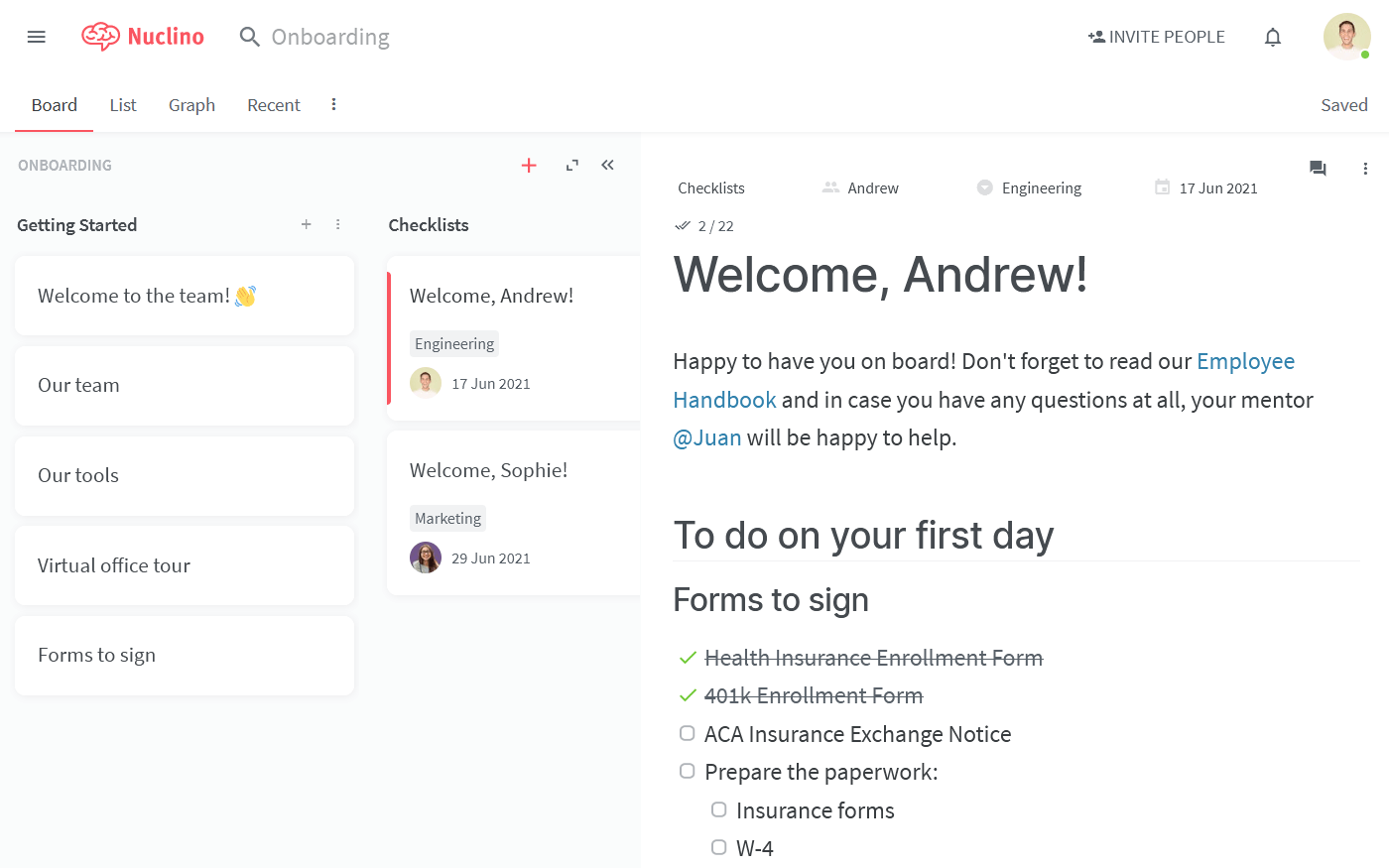 New employee onboarding checklist in Nuclino