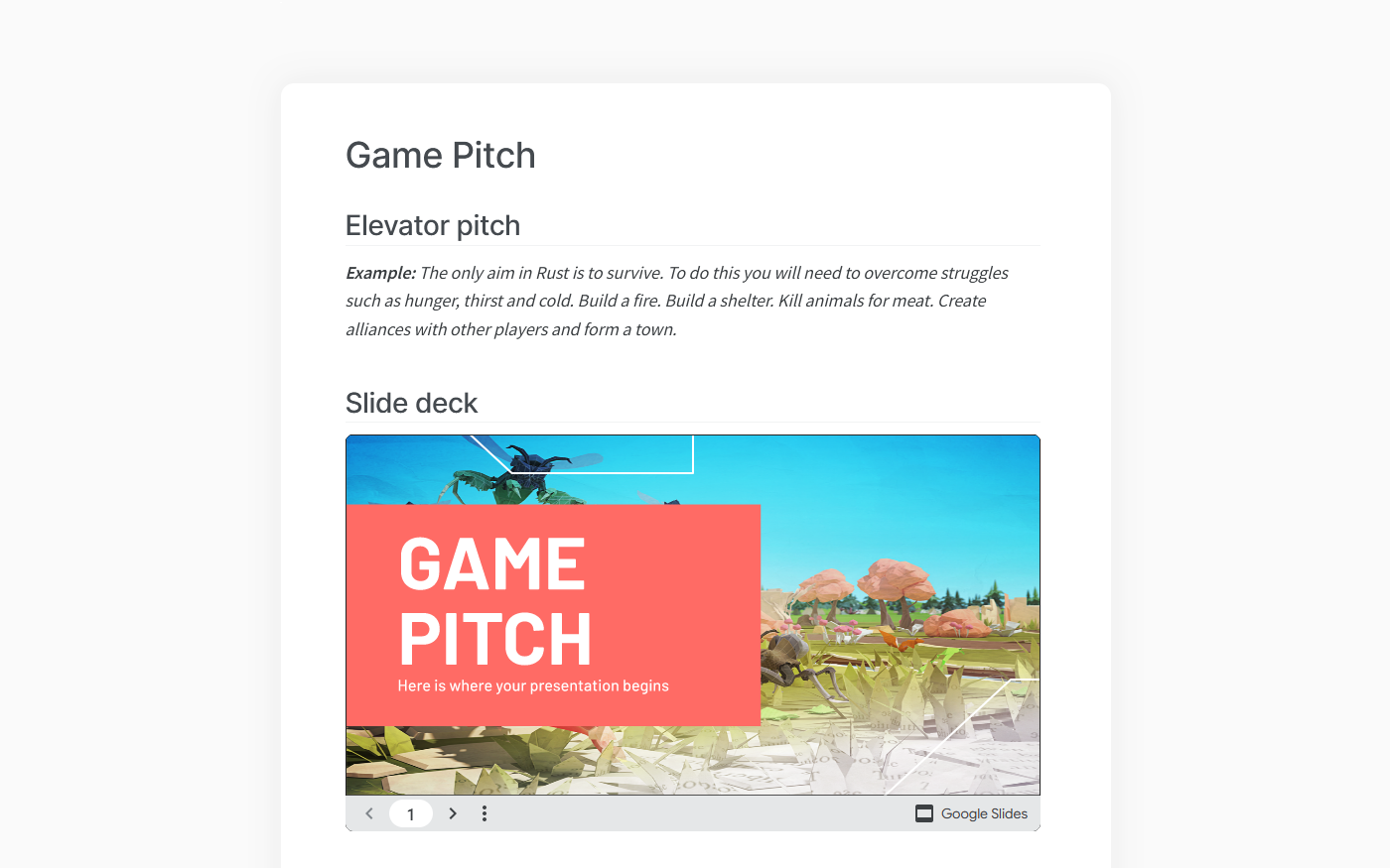 Game pitch template