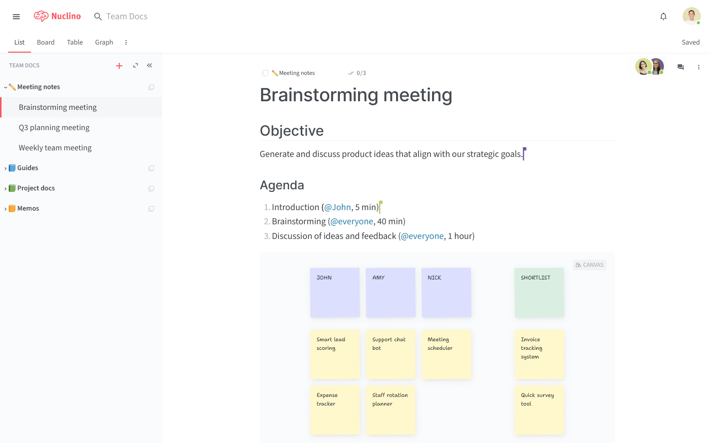 Meeting minutes example in Nuclino