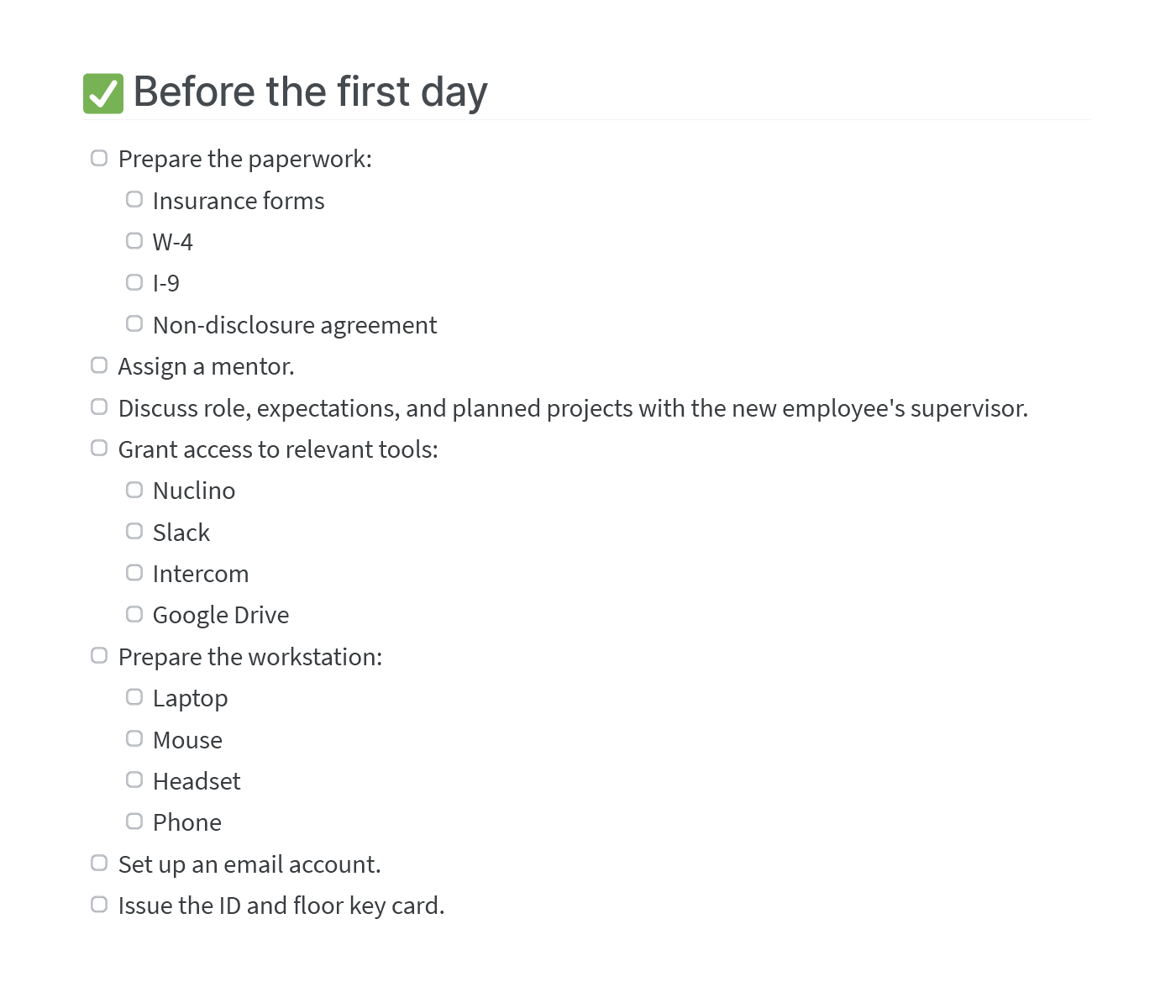 New employee onboarding checklist example, before the first day