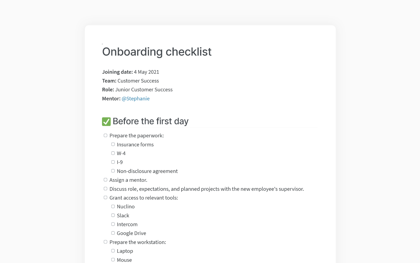 New employee onboarding checklist template