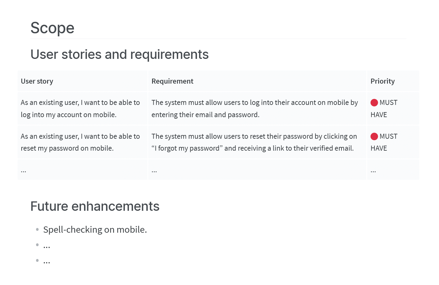 PRD example features and scope