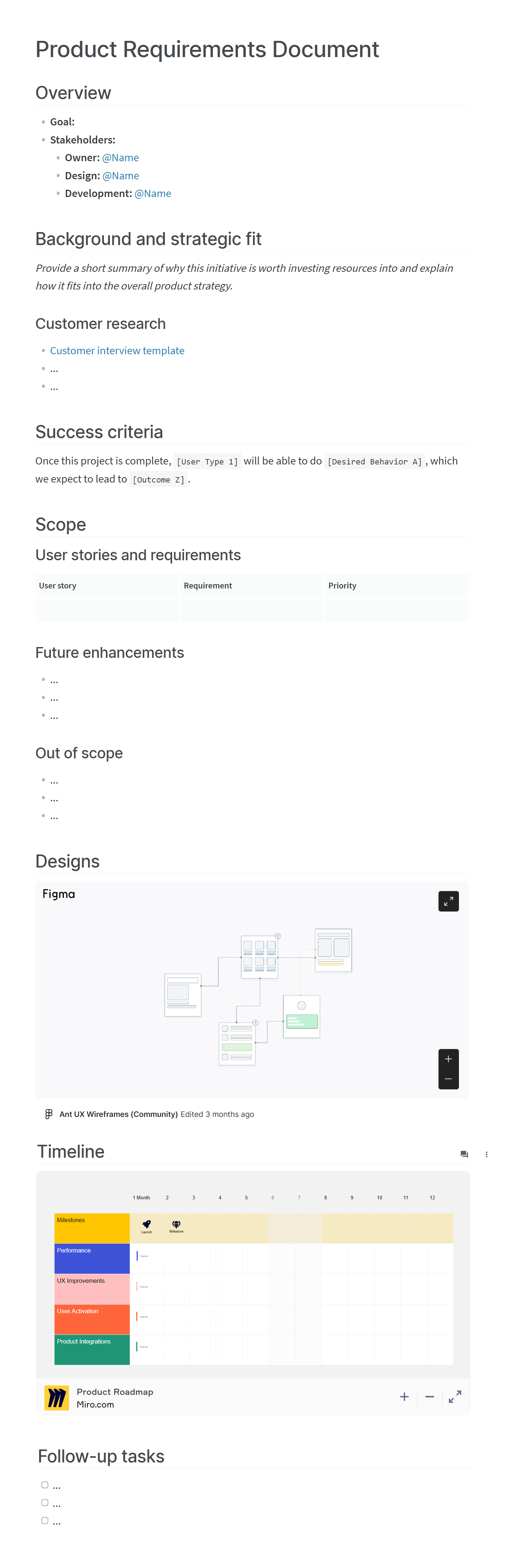 Product requirements document template in Nuclino