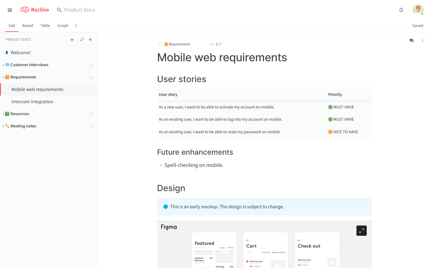 Product requirements document in Nuclino