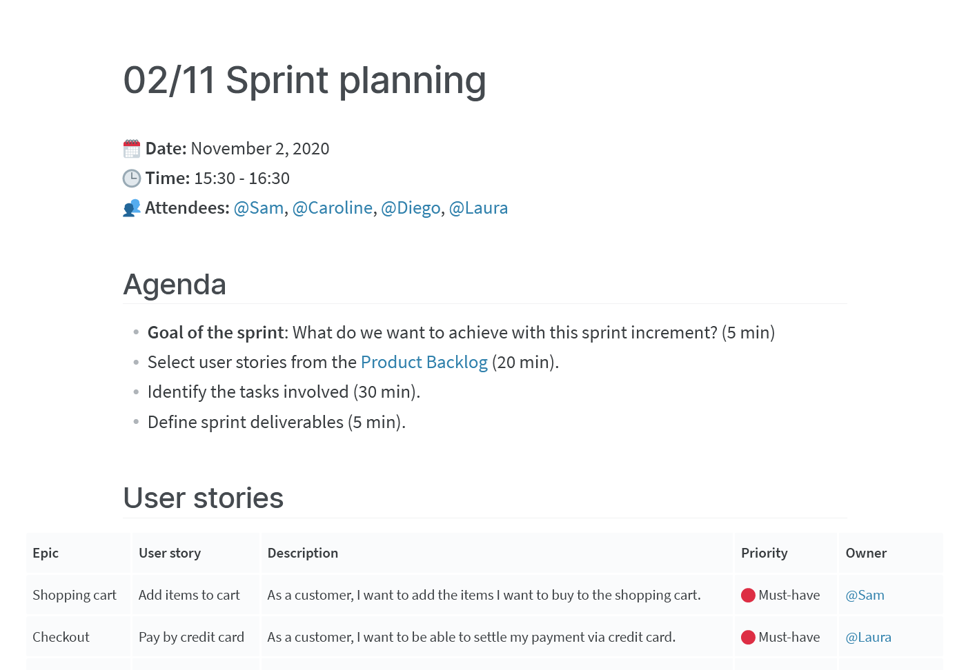 Sprint planning agenda
