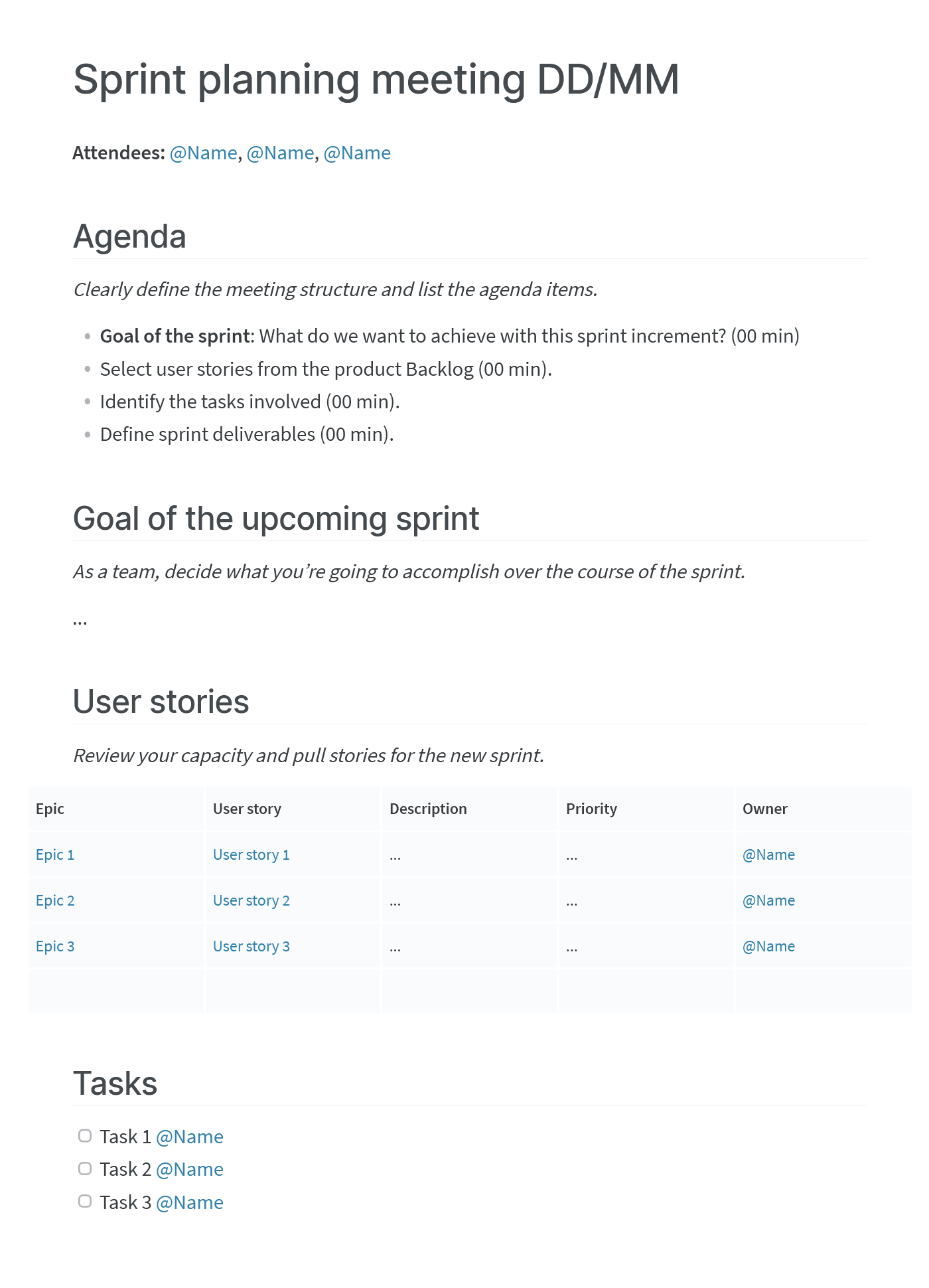 Sprint planning template