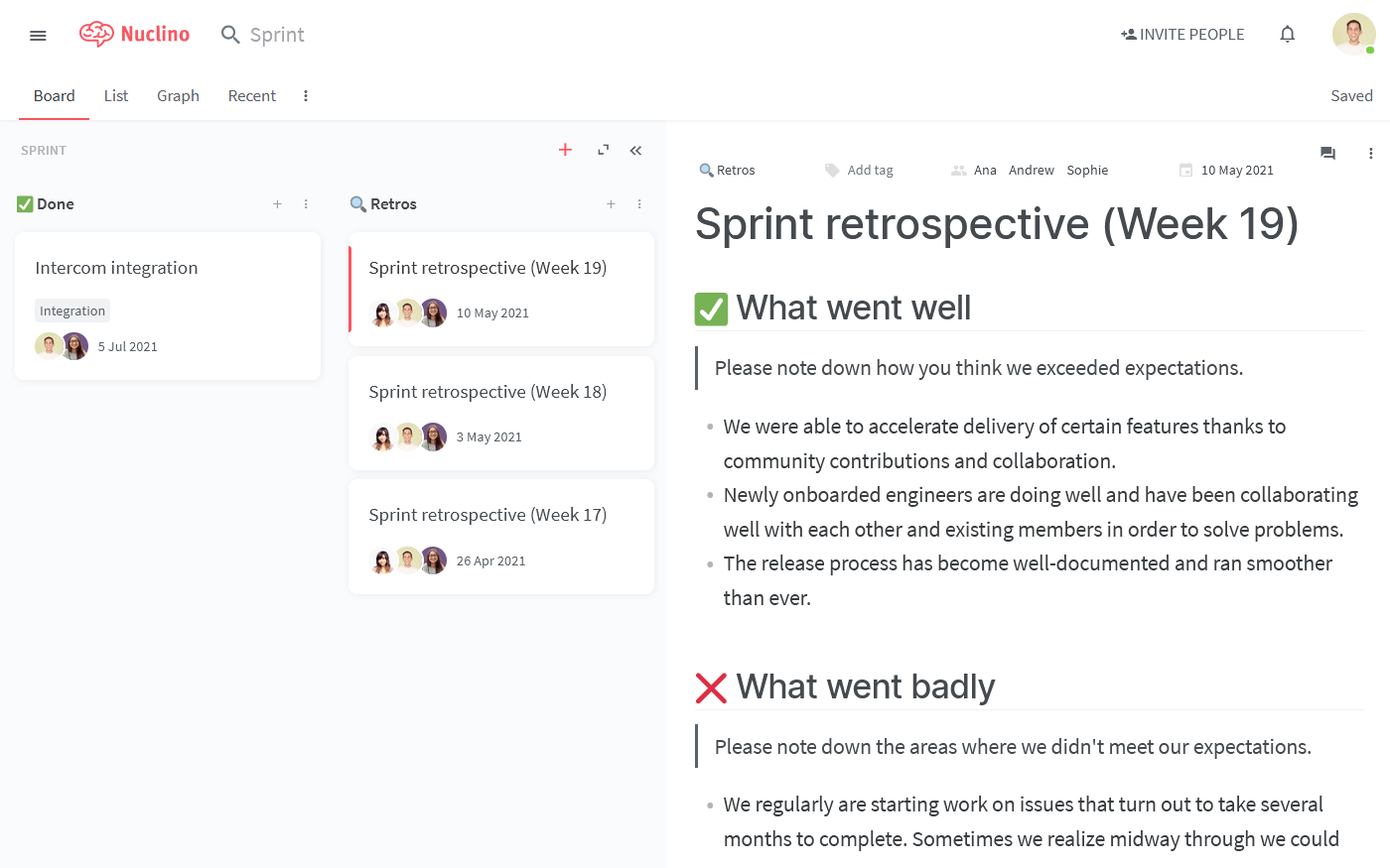 Sprint retrospective example Nuclino