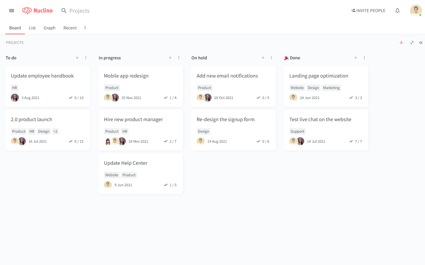 Board view of document sharing platform Nuclino