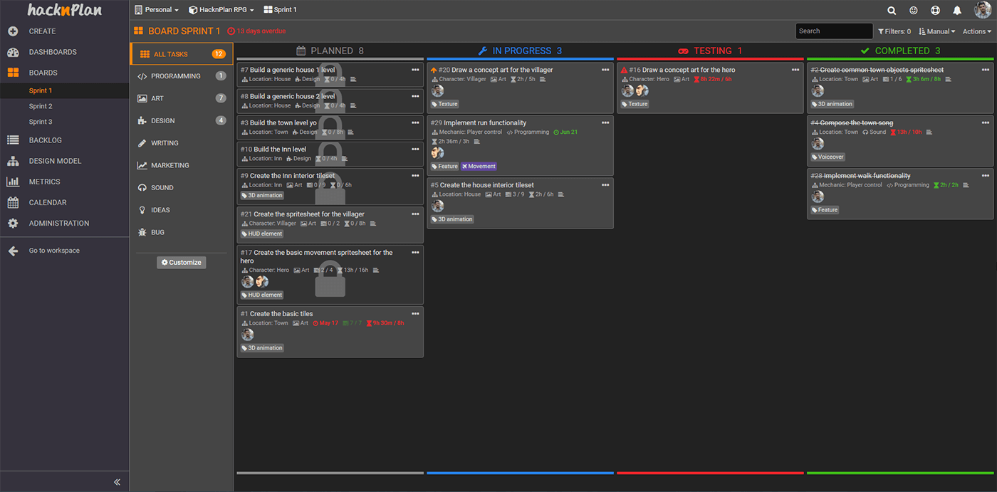 Game development project management software HacknPlan