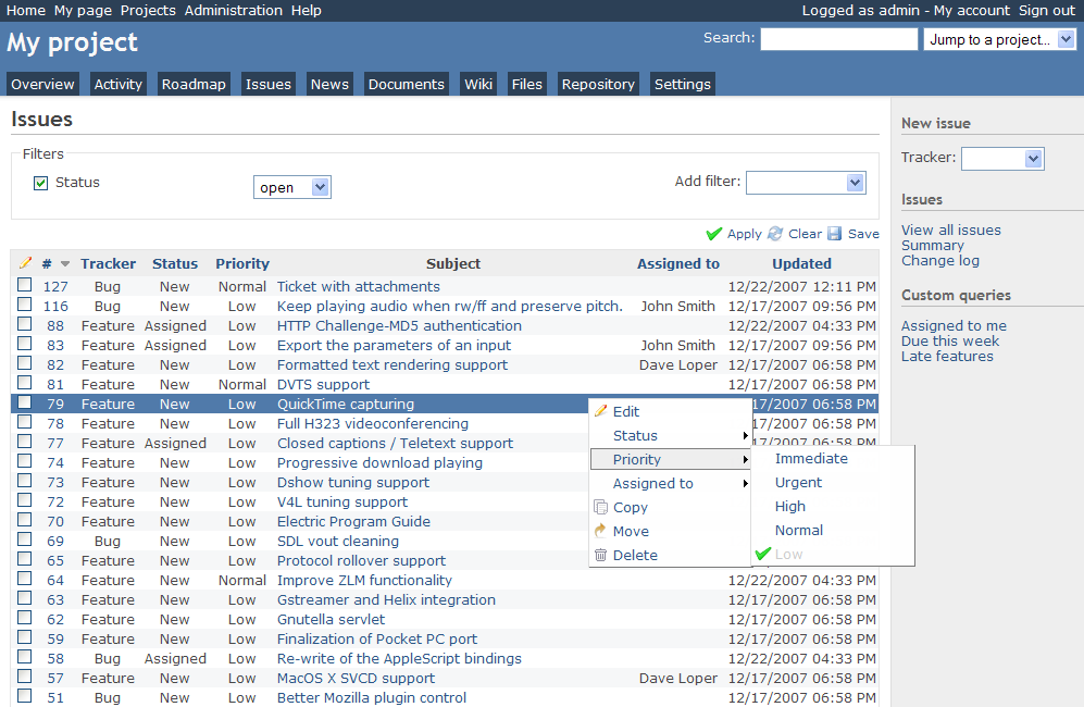Issue tracking software Redmine