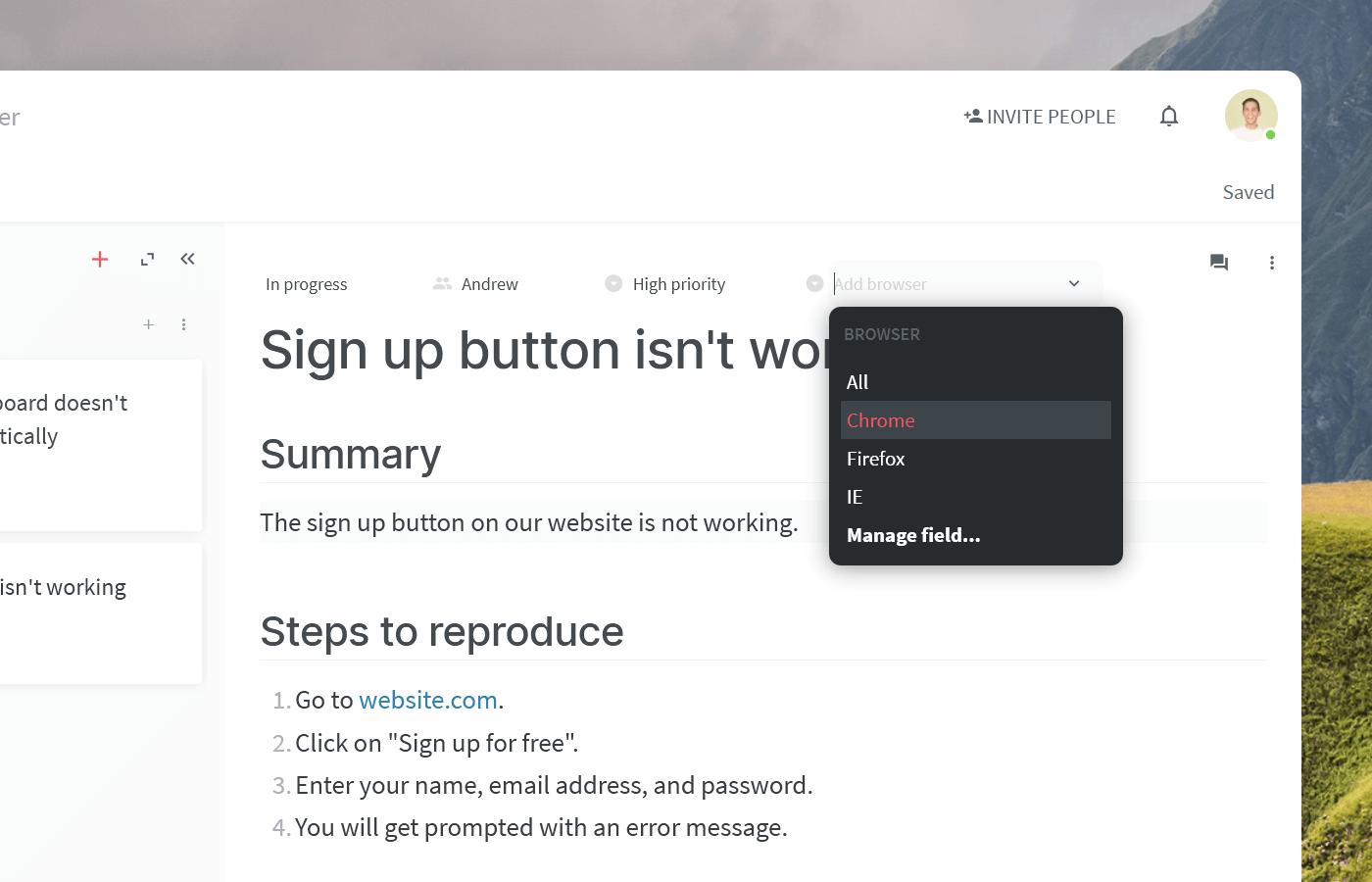 Issue tracking software example