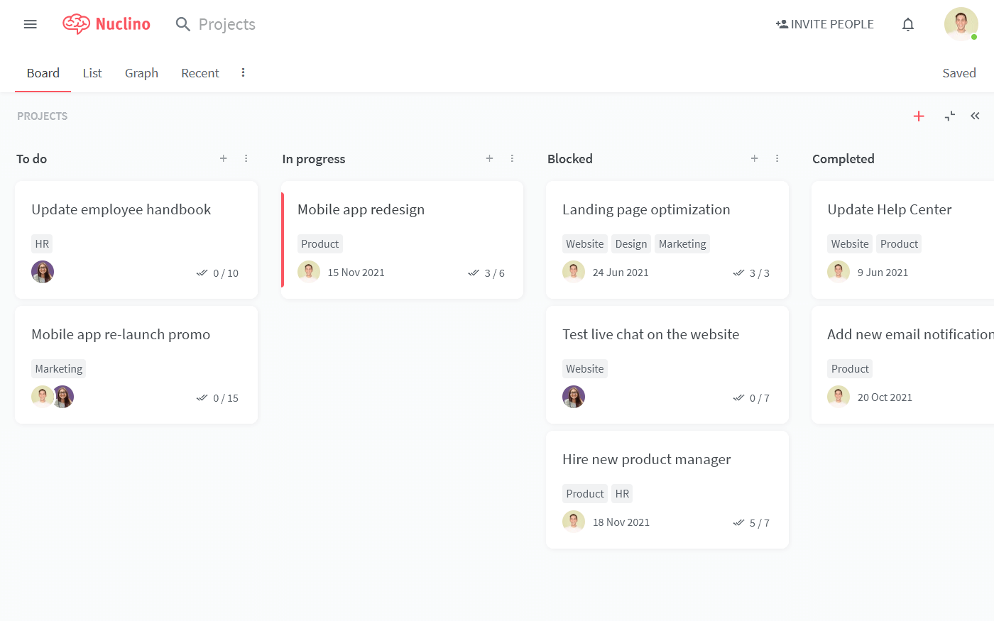 Knowledge sharing platform Nuclino board view